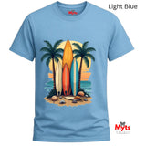 Light blue t-shirt with a tropical design featuring surfboards and palm trees, branded with 'Myts'.