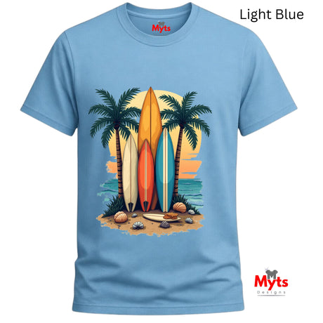 Light blue t-shirt with a tropical design featuring surfboards and palm trees, branded with 'Myts'.
