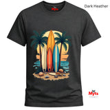 Dark Heather t-shirt with a graphic of surfboards and palm trees on a white background