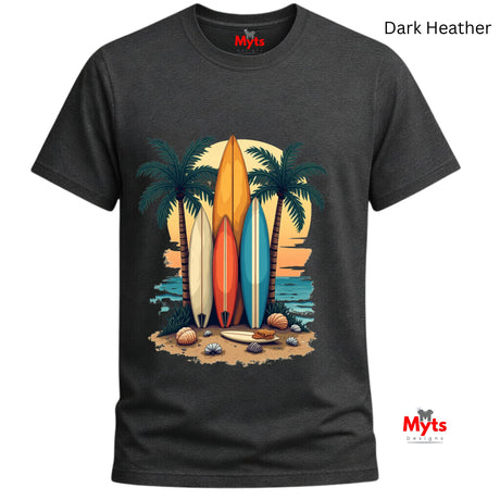 Dark Heather t-shirt with a graphic of surfboards and palm trees on a white background