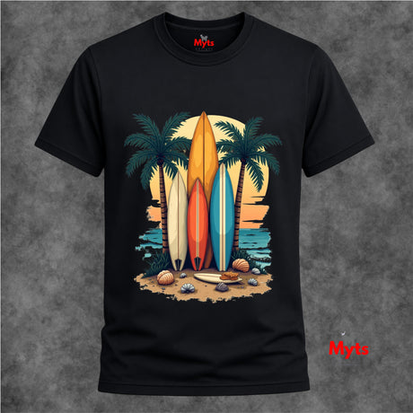 Black t-shirt with a graphic of surfboards and palm trees on a gray background