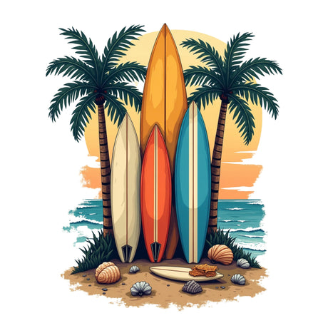 Colorful surfboards leaning against palm trees with a beach scene in the background