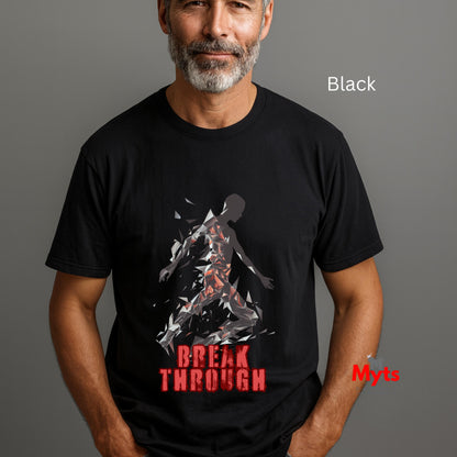 Man wearing a black t-shirt with a graphic design and text on a gray background