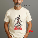 Man wearing a t-shirt with a graphic design and text on a gray background