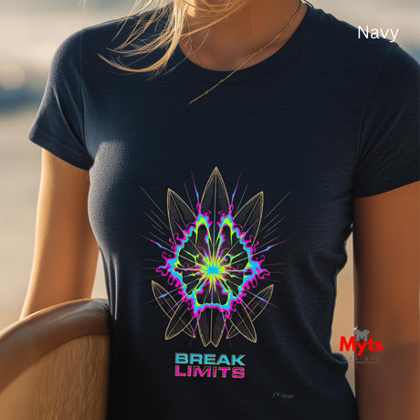 Navy t-shirt with a colorful geometric design and 'Break Limits' text, worn by a person.