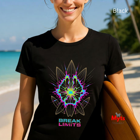 Person wearing a black t-shirt with a colorful design and 'Break Limits' text on a beach.