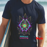 Person wearing a black t-shirt with a colorful abstract design and 'Break Limits' text on a beach.