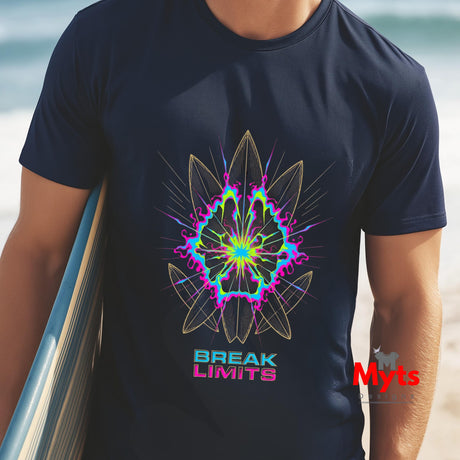 Person wearing a black t-shirt with a colorful abstract design and 'Break Limits' text on a beach.