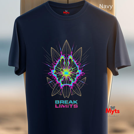 Navy t-shirt with a colorful geometric design and 'Break Limits' text on a blurred background