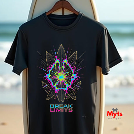 Black t-shirt with colorful design and 'Break Limits' text on a surfboard against a beach background
