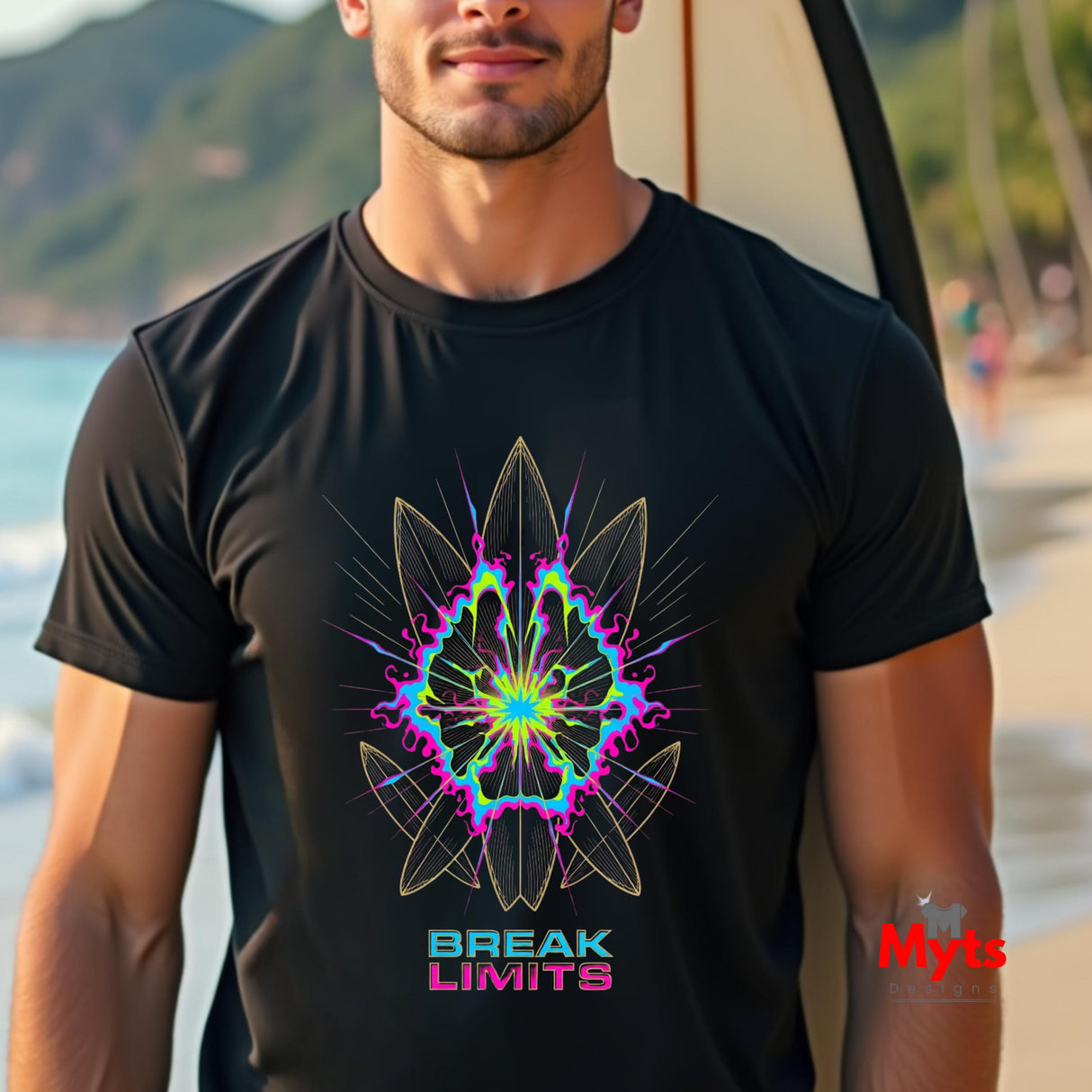 Man wearing a black t-shirt with a colorful geometric design and 'Break Limits' text on a beach.