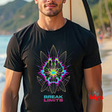 Man wearing a black t-shirt with a colorful geometric design and 'Break Limits' text on a beach.