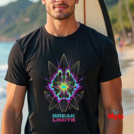 Man wearing a black t-shirt with a colorful geometric design and 'Break Limits' text on a beach.