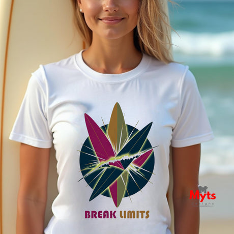 Person wearing a white t-shirt with a colorful leaf design and 'Break Limits' text on a beach.