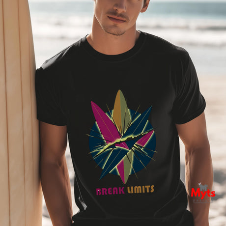 Man wearing a black t-shirt with a colorful graphic and 'Break Limits' text on a beach.