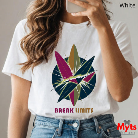 Person wearing a white t-shirt with a colorful graphic and 'Break Limits' text, holding a phone.