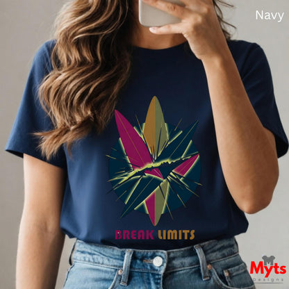 Person wearing a navy blue t-shirt with a colorful graphic and 'Break Limits' text, holding a phone.
