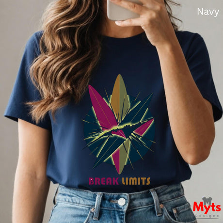 Person wearing a navy blue t-shirt with a colorful graphic and 'Break Limits' text, holding a phone.