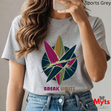 Person wearing a gray t-shirt with a colorful graphic and 'Break Limits' text, taking a selfie.