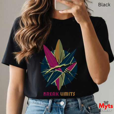 Person wearing a black t-shirt with a colorful graphic and 'Break Limits' text, holding a phone.