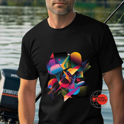 Man wearing a black t-shirt with a colorful abstract design, standing by a lake.