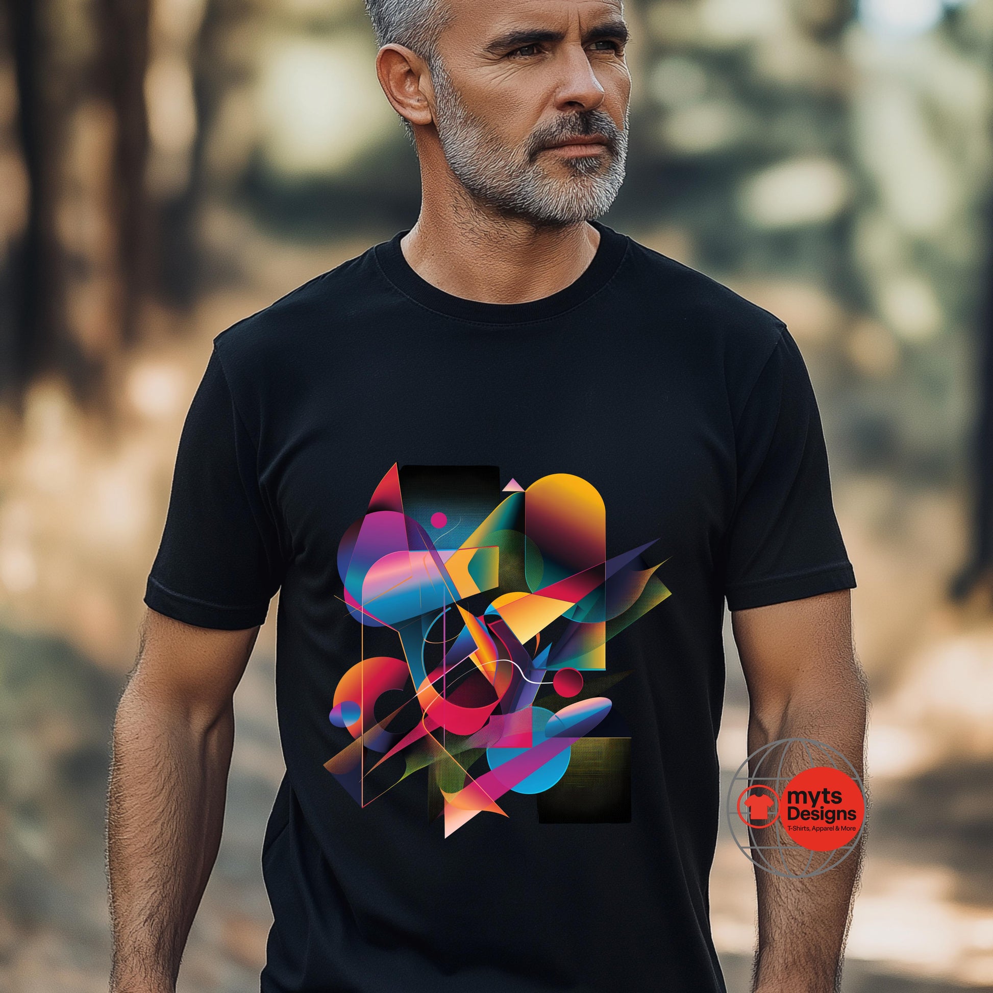 Man wearing a black t-shirt with a colorful geometric design in a forest setting