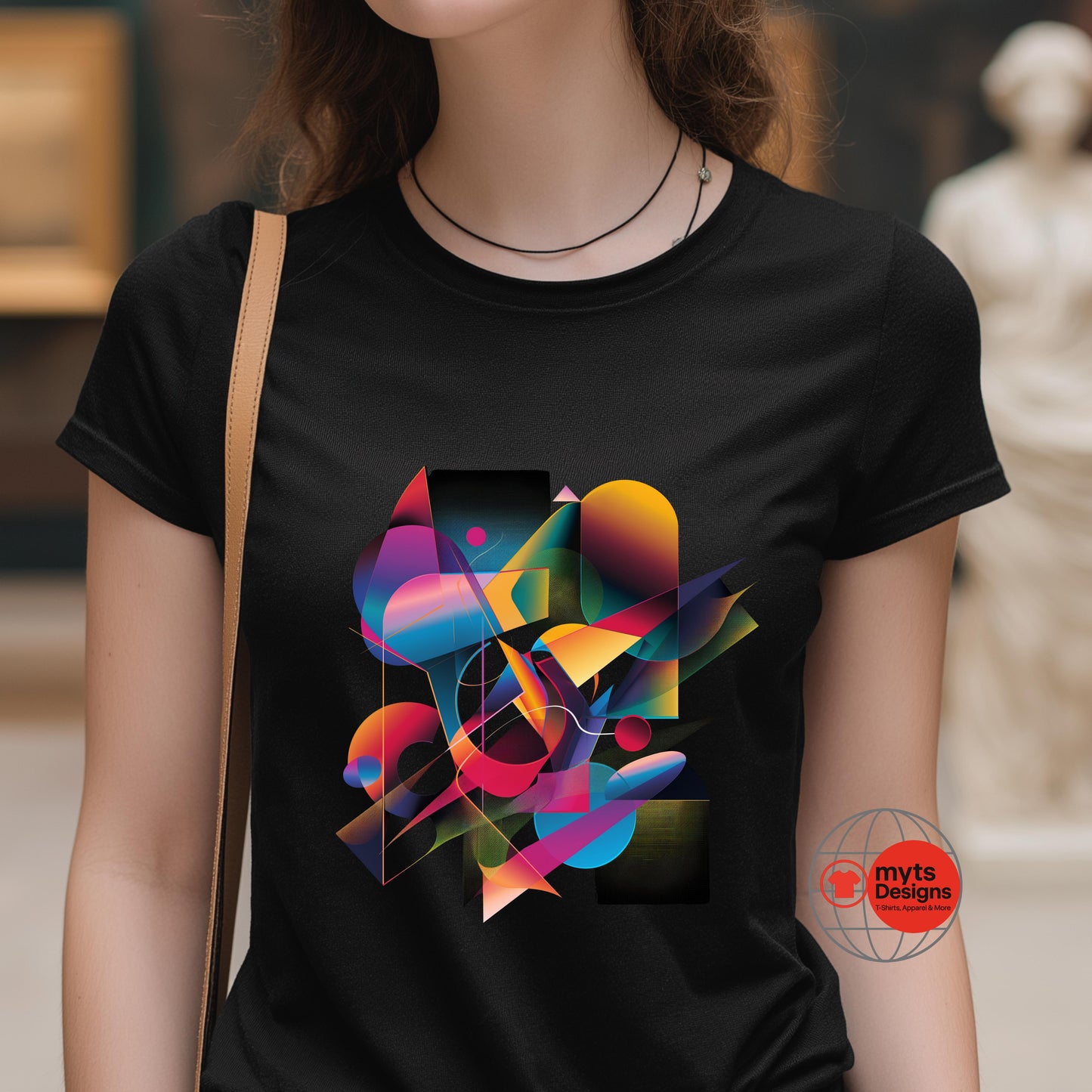 "Abstract geometric T-shirt featuring colorful overlapping shapes and bold modern art design on a black cotton tee – Broken Spear design by MytsDesigns."