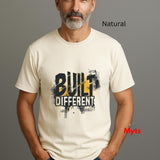 Man wearing a white t-shirt with 'BUILT DIFFERENT' text on a gray background