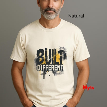 Man wearing a white t-shirt with 'BUILT DIFFERENT' text on a gray background
