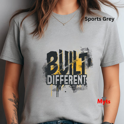 Gray t-shirt with 'Built Different' design and visible brand logo.