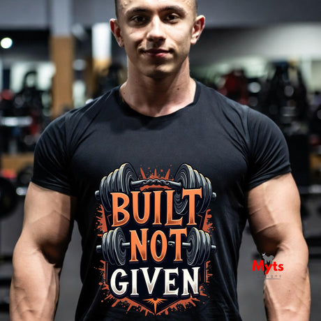 Muscular man wearing a black t-shirt with 'Built Not Given' graphic in a gym setting