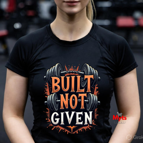 Person wearing a black t-shirt with 'Built Not Given' graphic and barbell design.