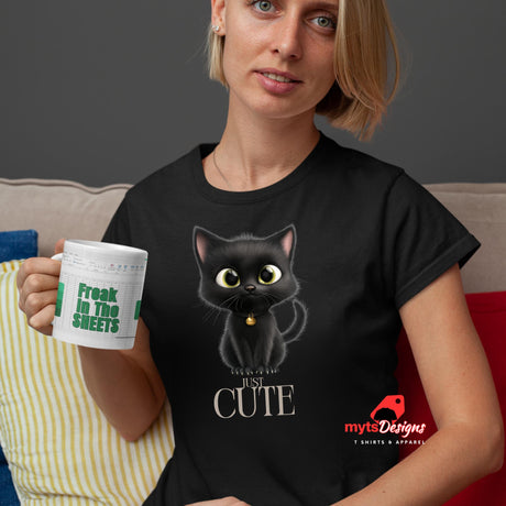 "Black cat t-shirt on model lifestyle shot"