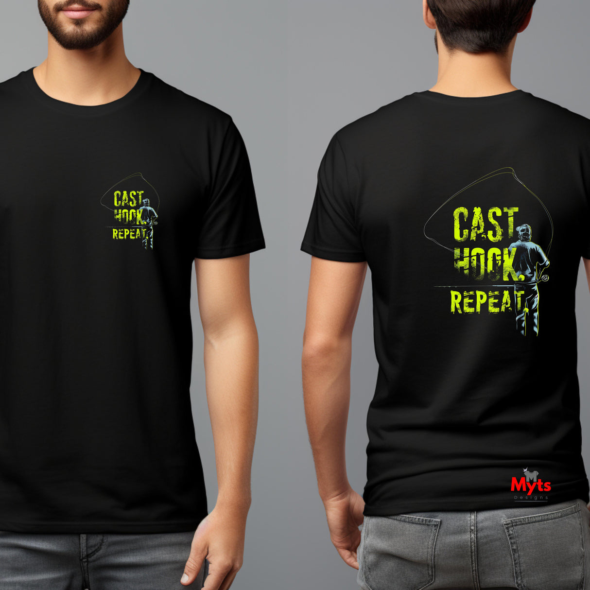 Black t-shirt with 'Cast Hook Repeat' design on front and back, worn by a person against a gray background.