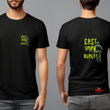 Black t-shirt with 'Cast Hook Repeat' design on front and back, worn by a person against a gray background.