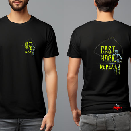Black t-shirt with 'Cast Hook Repeat' design on front and back, worn by a person against a gray background.