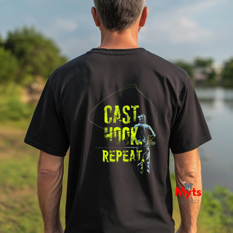 Person wearing a black t-shirt with 'CAST HOOK REPEAT' text and fishing graphic outdoors.