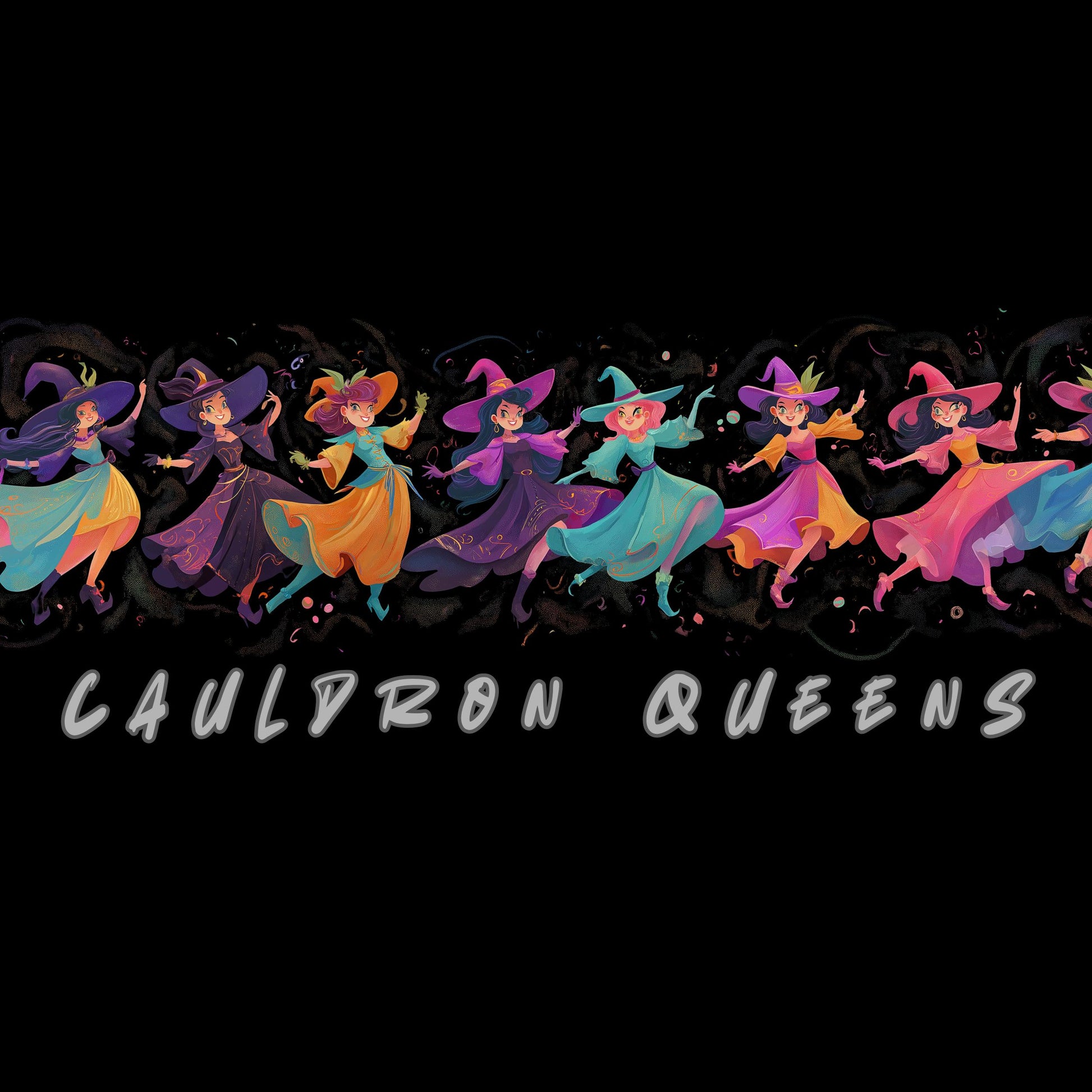 Colorful Cauldron Queens logo with characters in a row on a black background