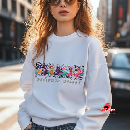 Person wearing a white sweatshirt with colorful floral design and text, standing on a street.