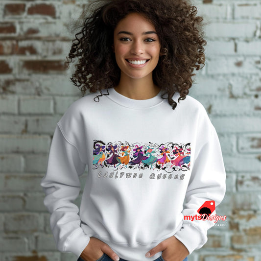 Person wearing a white sweatshirt with colorful design and text, standing against a brick wall.