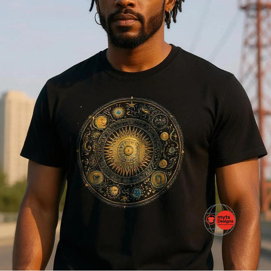 Celestial Mandala Black T‑Shirt | Soft Cotton Tee for Cosmic & Astrology Lovers