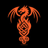 An orange stylized dragon design with wings and flame-like vertical elements on a black background, with small 'mytdsigns' text below.