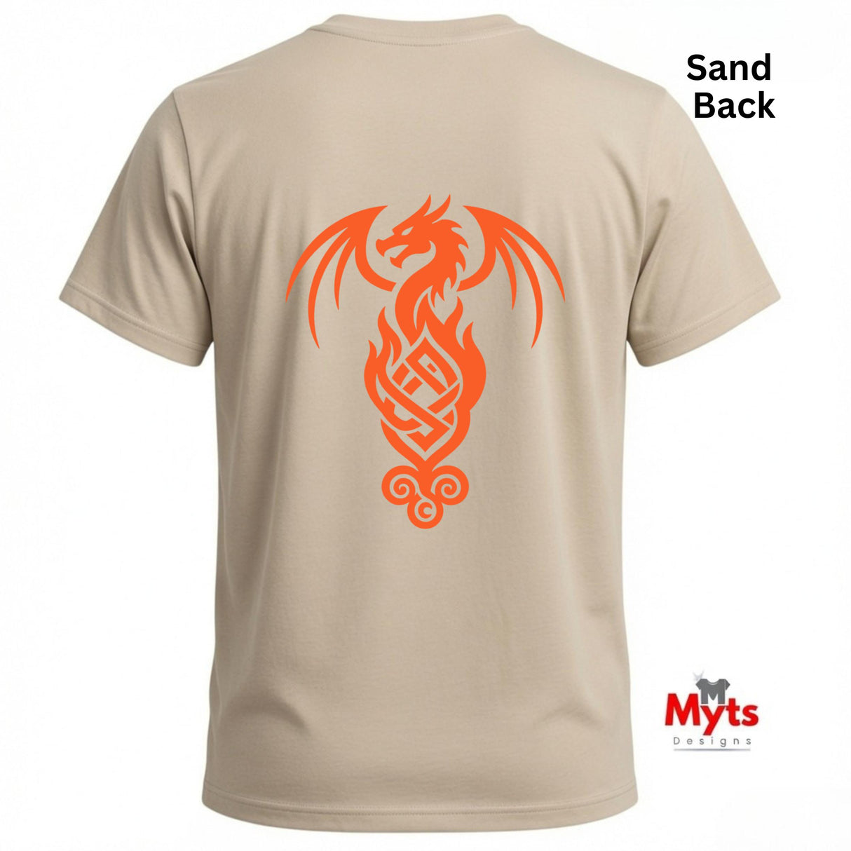 A sand-colored t-shirt showing the back view with a large orange dragon graphic printed on it. The text 'Sand Back' is in the top right corner, and the 'Myts Designs' logo is in the bottom right corner.