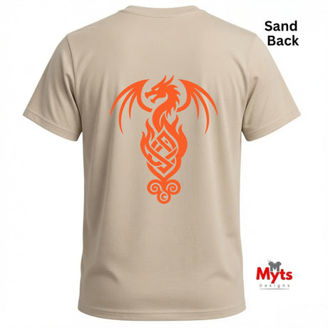 A sand-colored t-shirt showing the back view with a large orange dragon graphic printed on it. The text 'Sand Back' is in the top right corner, and the 'Myts Designs' logo is in the bottom right corner.