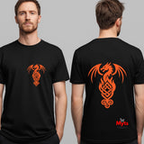 A man shown from the front and back wearing a black short-sleeve t-shirt with a large orange dragon graphic on the front chest and a larger matching orange dragon design on the back. A small red and white 'Myts' logo is visible near the bottom right of the back graphic.