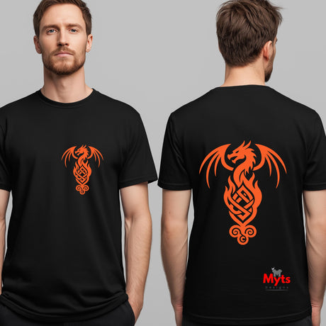 A man shown from the front and back wearing a black short-sleeve t-shirt with a large orange dragon graphic on the front chest and a larger matching orange dragon design on the back. A small red and white 'Myts' logo is visible near the bottom right of the back graphic.
