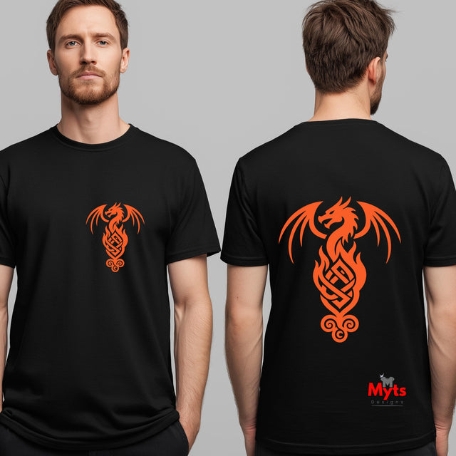 A man shown from the front and back wearing a black short-sleeve t-shirt with a large orange dragon graphic on the front chest and a larger matching orange dragon design on the back. A small red and white 'Myts' logo is visible near the bottom right of the back graphic.