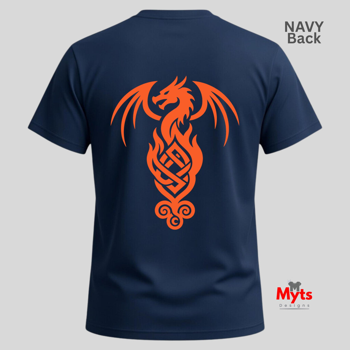 A navy blue short-sleeve t-shirt shown from the back, featuring a large orange Celtic dragon and flame graphic printed on the center. The text 'NAVY Back' is visible in the top right corner, and a 'Myts Designs' logo is in the bottom right corner.