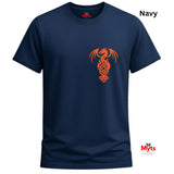 A navy blue short-sleeve crewneck t-shirt with an orange Celtic dragon graphic printed on the center chest. The brand name 'Myts' is visible on the inner neck label and as a watermark logo in the bottom right corner.
