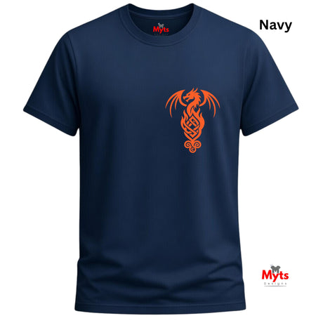 A navy blue short-sleeve crewneck t-shirt with an orange Celtic dragon graphic printed on the center chest. The brand name 'Myts' is visible on the inner neck label and as a watermark logo in the bottom right corner.